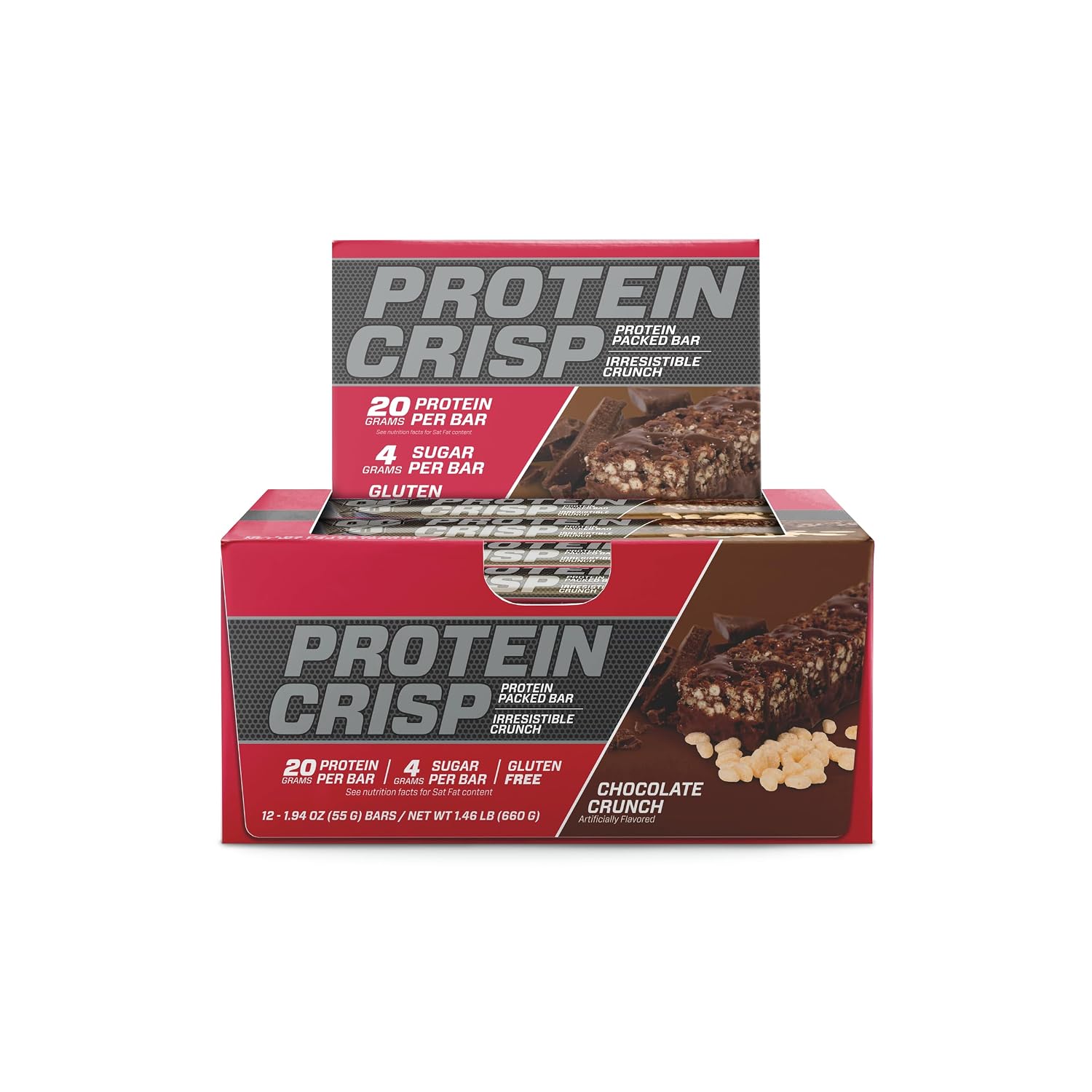 BSN Protein Crisp Bar, 20g Protein, Chocolate Crunch, 12 Count | Whey Protein Crisp Bar, Low Sugar and Gluten Free with a Crunchy Texture for On-the-Go Snacking, 12 Count