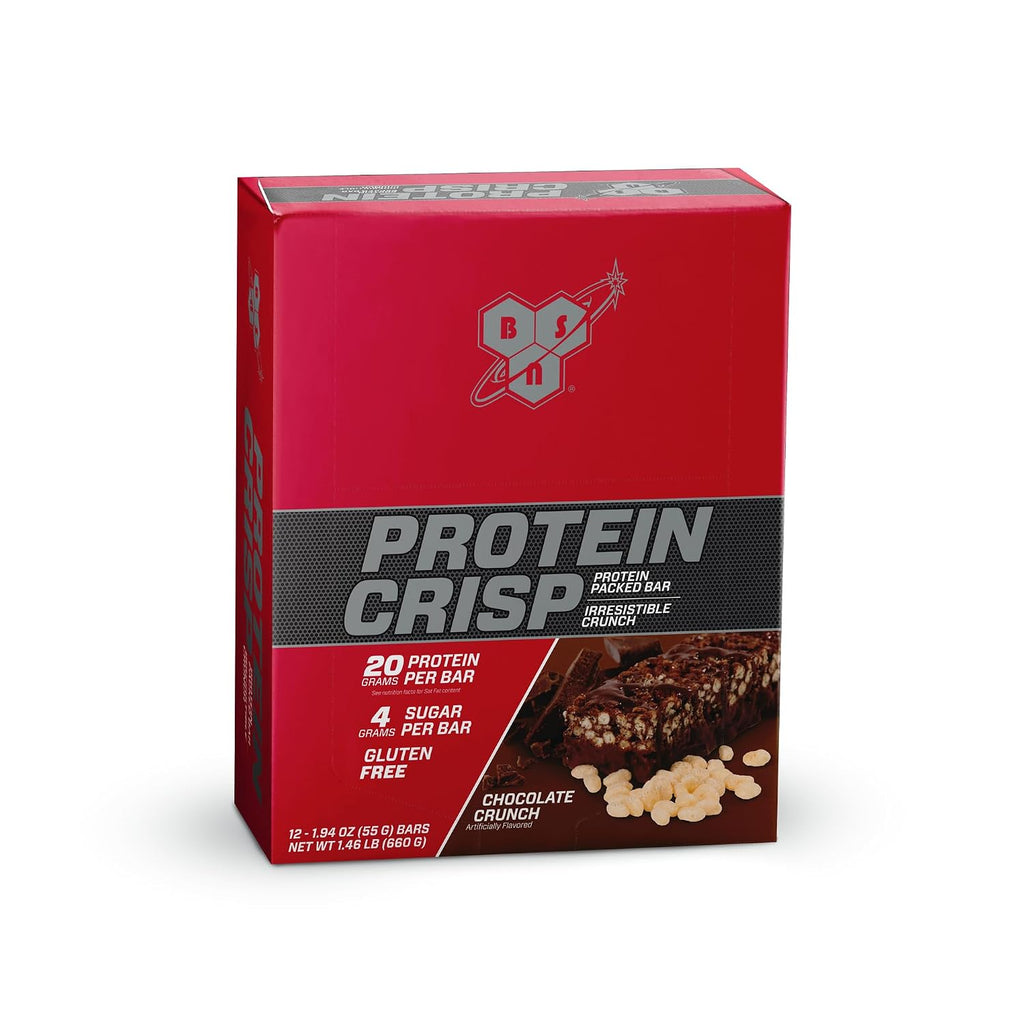 BSN Protein Crisp Bar, 20g Protein, Chocolate Crunch, 12 Count | Whey Protein Crisp Bar, Low Sugar and Gluten Free with a Crunchy Texture for On-the-Go Snacking, 12 Count