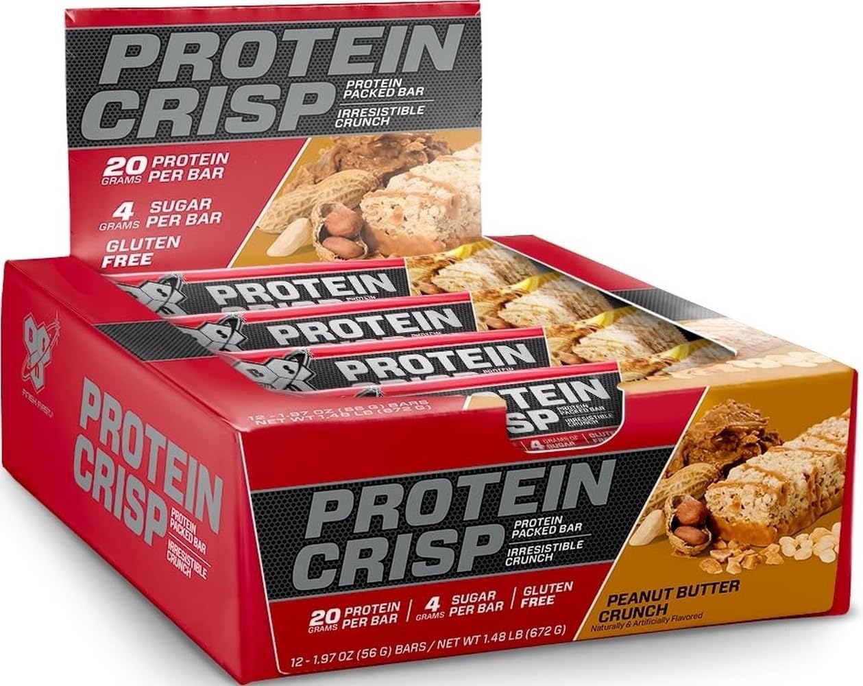 BSN Protein Crisp Bar, 20g Protein, Chocolate Crunch, 12 Count | Whey Protein Crisp Bar, Low Sugar and Gluten Free with a Crunchy Texture for On-the-Go Snacking, 12 Count
