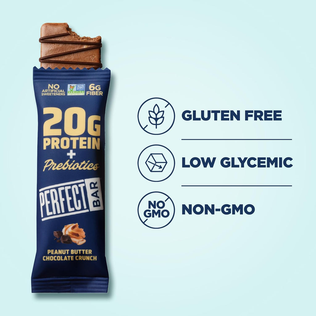 Perfect Bar Protein + Prebiotics Chocolate Peanut Butter Protein Bar, 20g Protein, Grass-Fed Whey, 6g Fiber With 3g Prebiotics, Gluten-Free, Non-GMO, 2.4 Ounce Bar, 7 Count