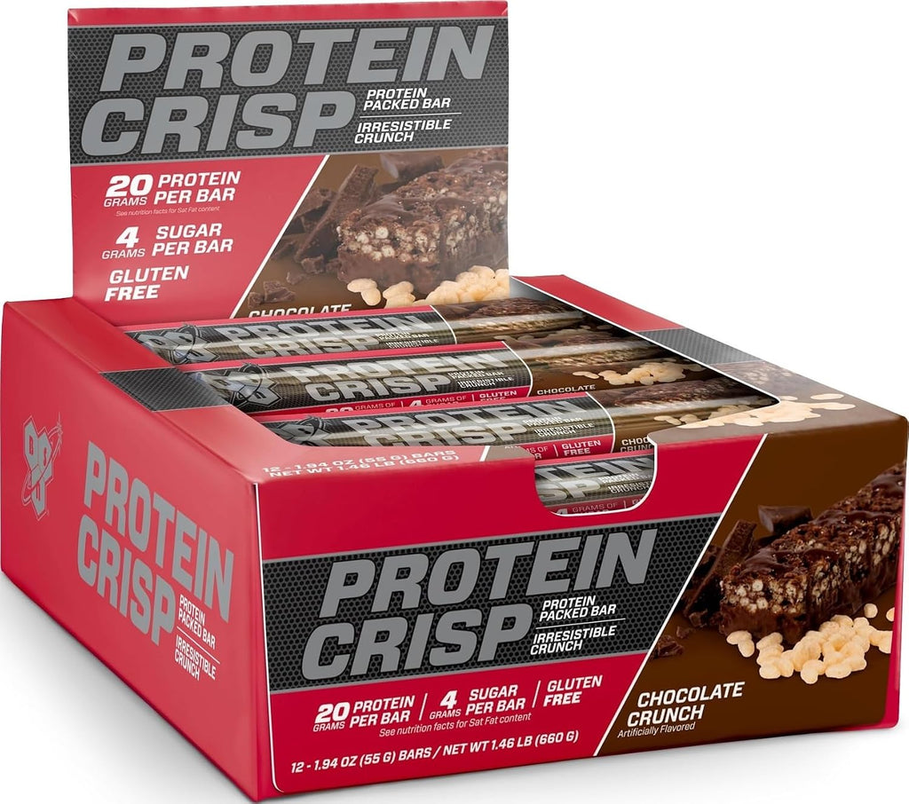 BSN Protein Crisp Bar, 20g Protein, Chocolate Crunch, 12 Count | Whey Protein Crisp Bar, Low Sugar and Gluten Free with a Crunchy Texture for On-the-Go Snacking, 12 Count