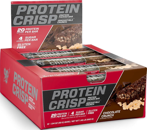 BSN Protein Crisp Bar, 20g Protein, Chocolate Crunch, 12 Count | Whey Protein Crisp Bar, Low Sugar and Gluten Free with a Crunchy Texture for On-the-Go Snacking, 12 Count