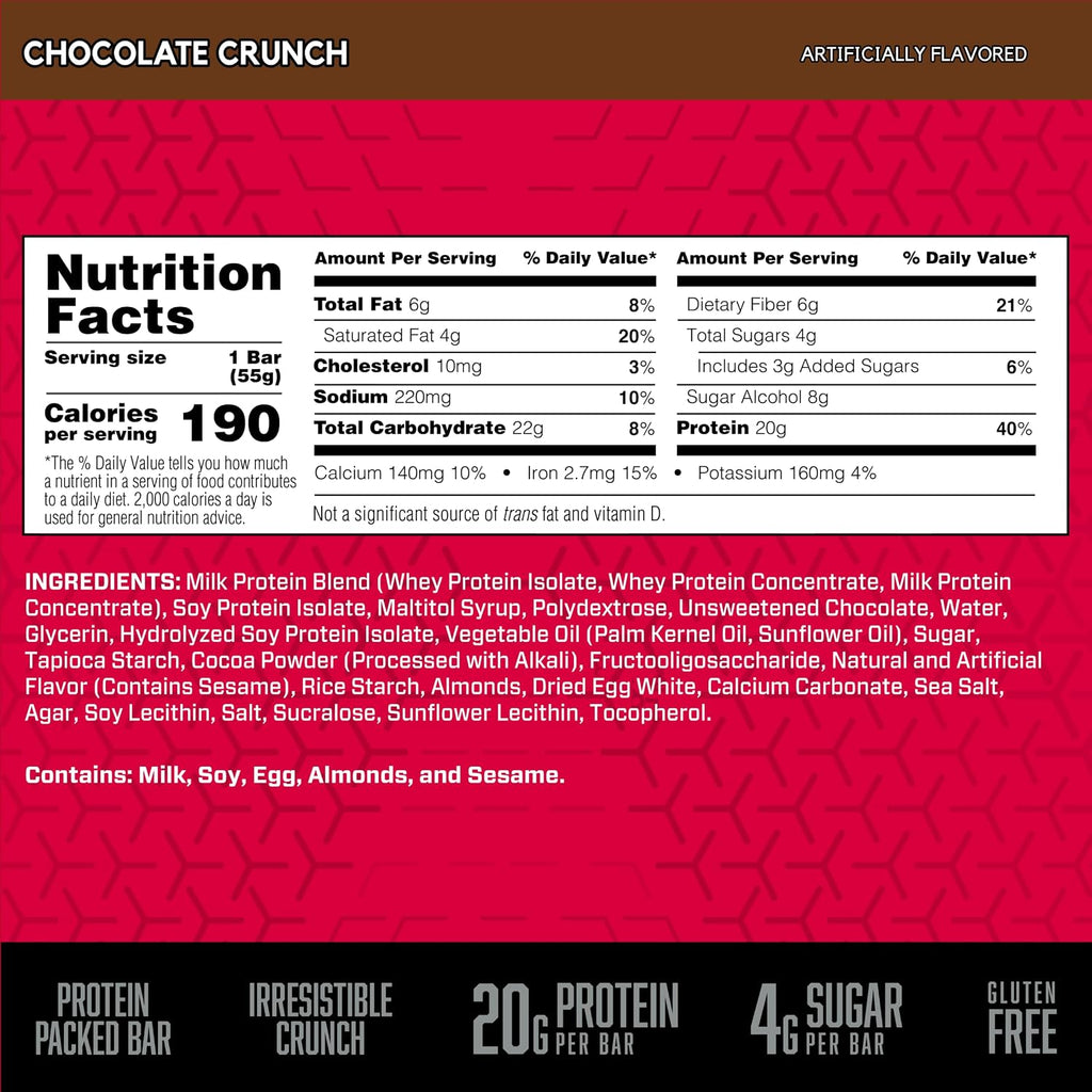 BSN Protein Crisp Bar, 20g Protein, Chocolate Crunch, 12 Count | Whey Protein Crisp Bar, Low Sugar and Gluten Free with a Crunchy Texture for On-the-Go Snacking, 12 Count