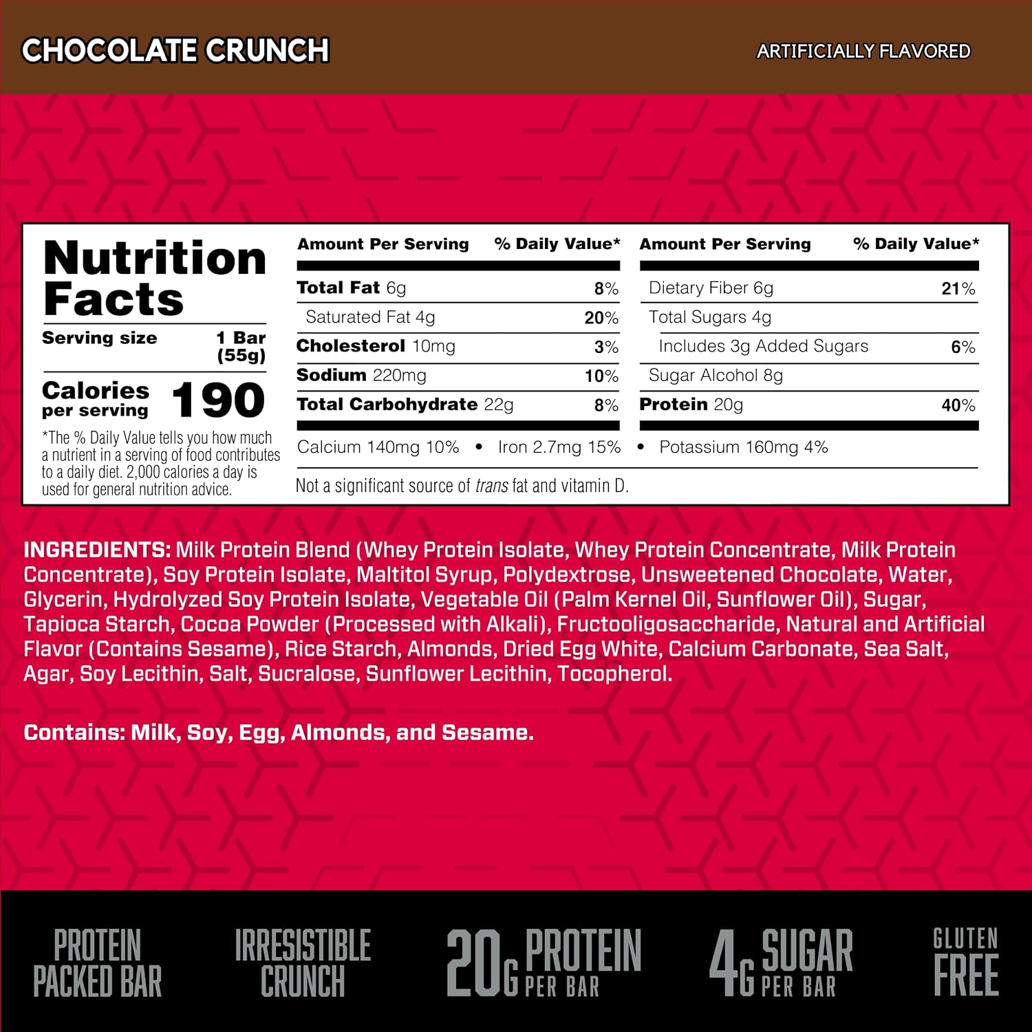 BSN Protein Crisp Bar, 20g Protein, Chocolate Crunch, 12 Count | Whey Protein Crisp Bar, Low Sugar and Gluten Free with a Crunchy Texture for On-the-Go Snacking, 12 Count
