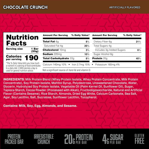 BSN Protein Crisp Bar, 20g Protein, Chocolate Crunch, 12 Count | Whey Protein Crisp Bar, Low Sugar and Gluten Free with a Crunchy Texture for On-the-Go Snacking, 12 Count
