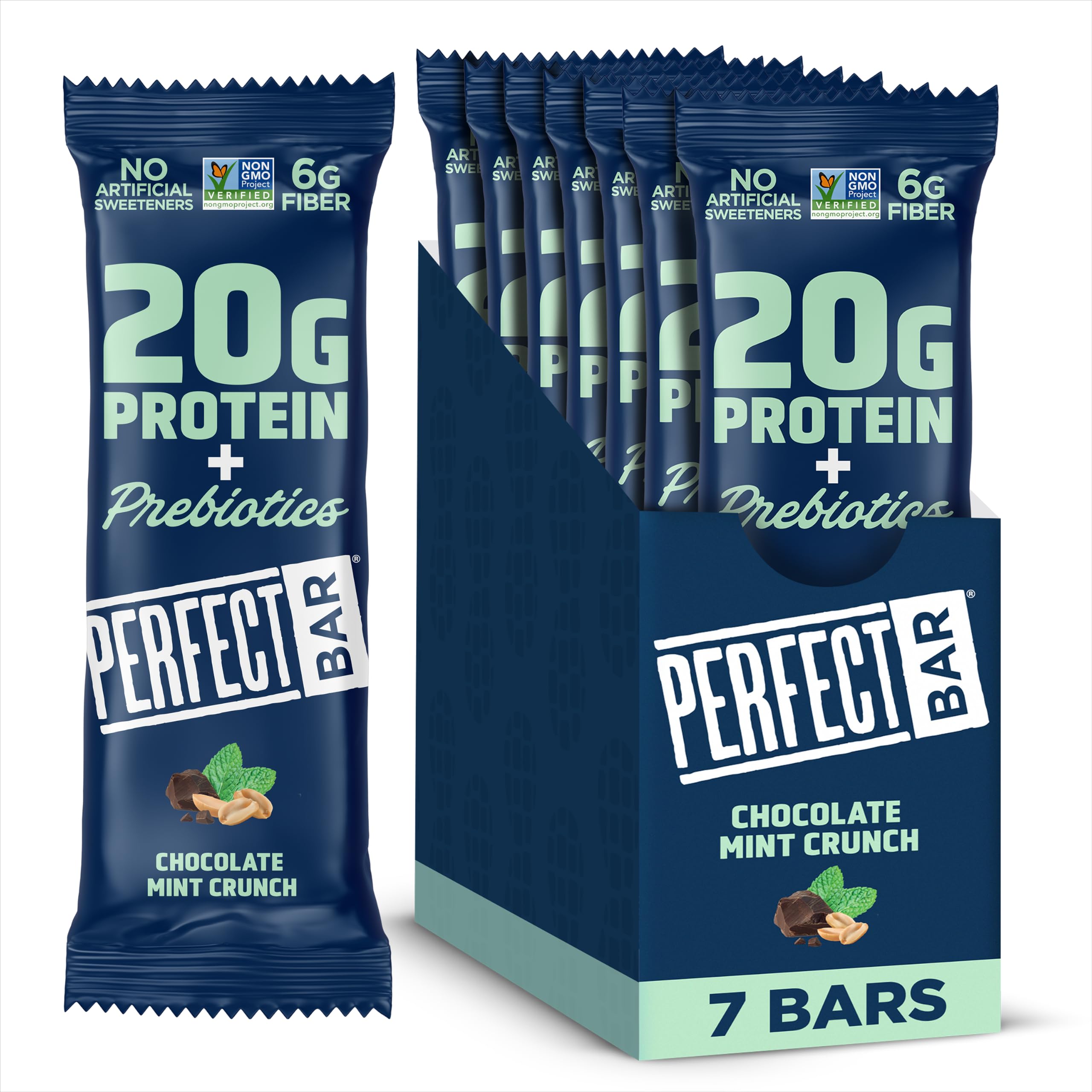 Perfect Bar Protein + Prebiotics Chocolate Peanut Butter Protein Bar, 20g Protein, Grass-Fed Whey, 6g Fiber With 3g Prebiotics, Gluten-Free, Non-GMO, 2.4 Ounce Bar, 7 Count