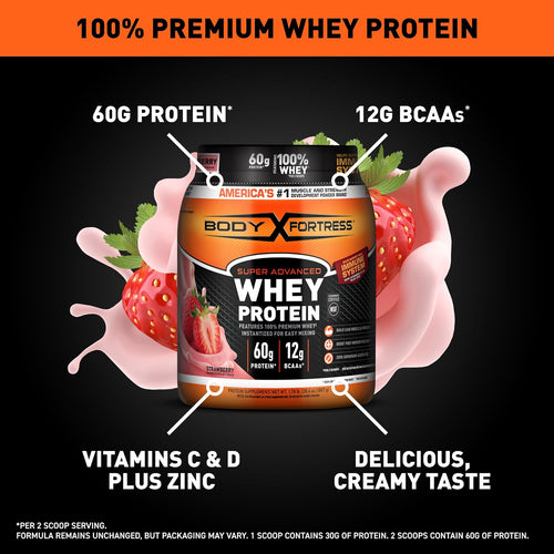 Body Fortress Super Advanced Whey Protein Powder, Strawberry, 1.78 lbs | Flavor: Strawberry, Immune Support, Muscle and Strength Development