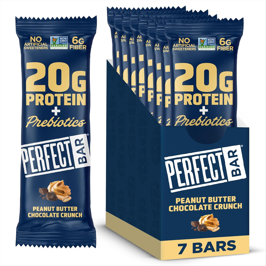 Perfect Bar Protein + Prebiotics Chocolate Peanut Butter Protein Bar, 20g Protein, Grass-Fed Whey, 6g Fiber With 3g Prebiotics, Gluten-Free, Non-GMO, 2.4 Ounce Bar, 7 Count