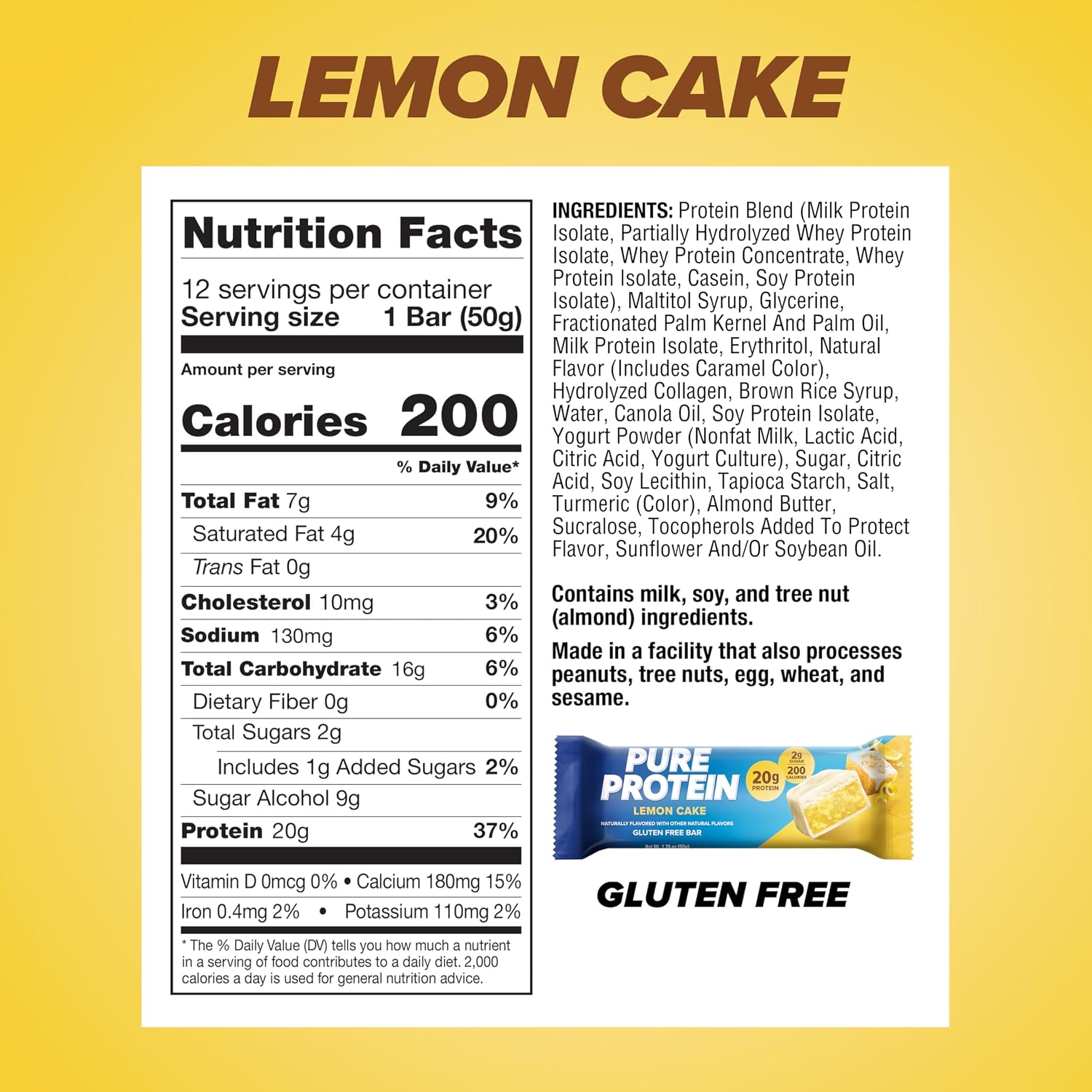 Pure Protein Pure Protein Bars, Lemon Cake, 20g Protein, Gluten Free, 12 Ct