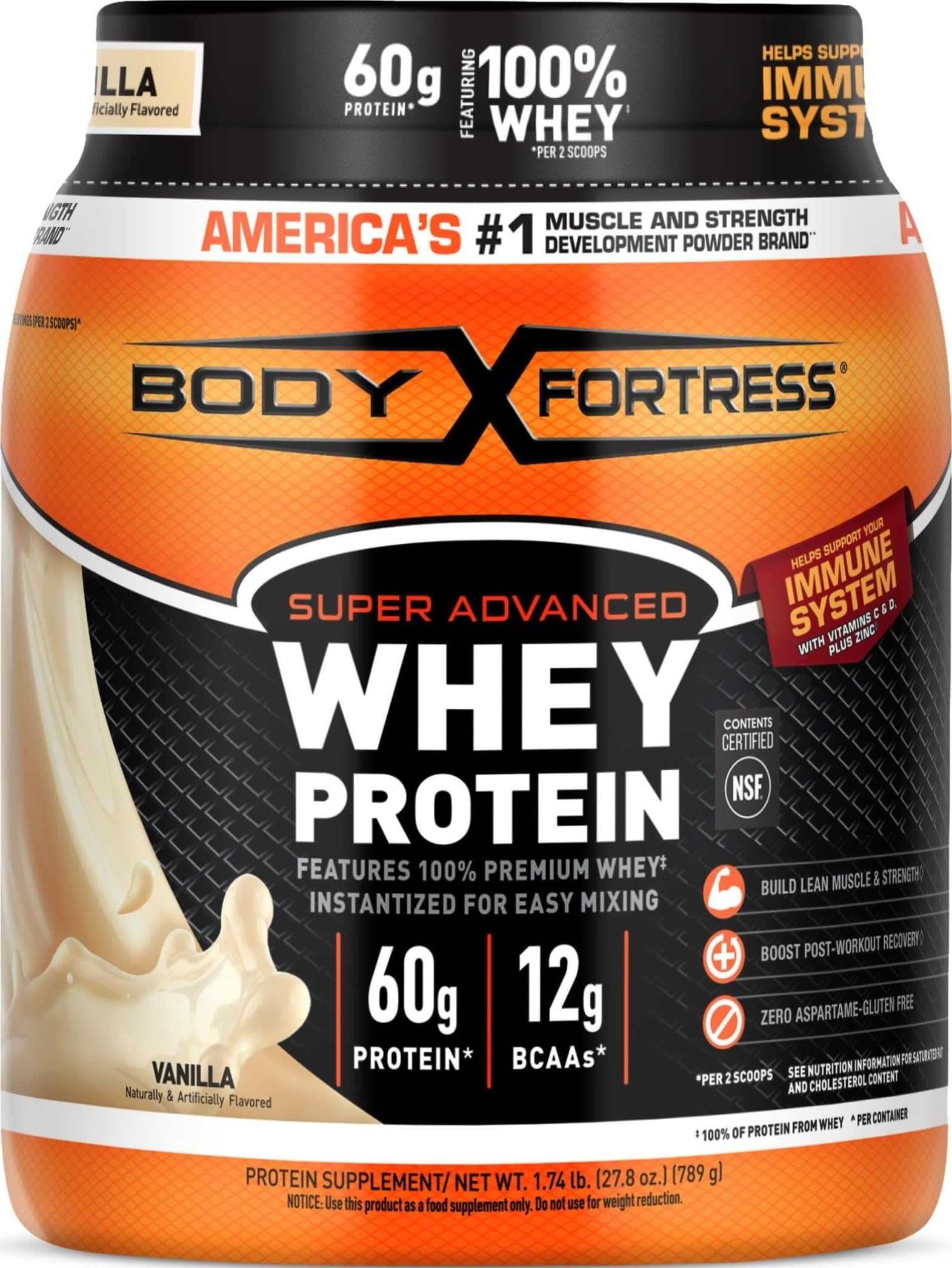 Body Fortress Super Advanced Whey Protein Powder, Strawberry, 1.78 lbs | Flavor: Strawberry, Immune Support, Muscle and Strength Development