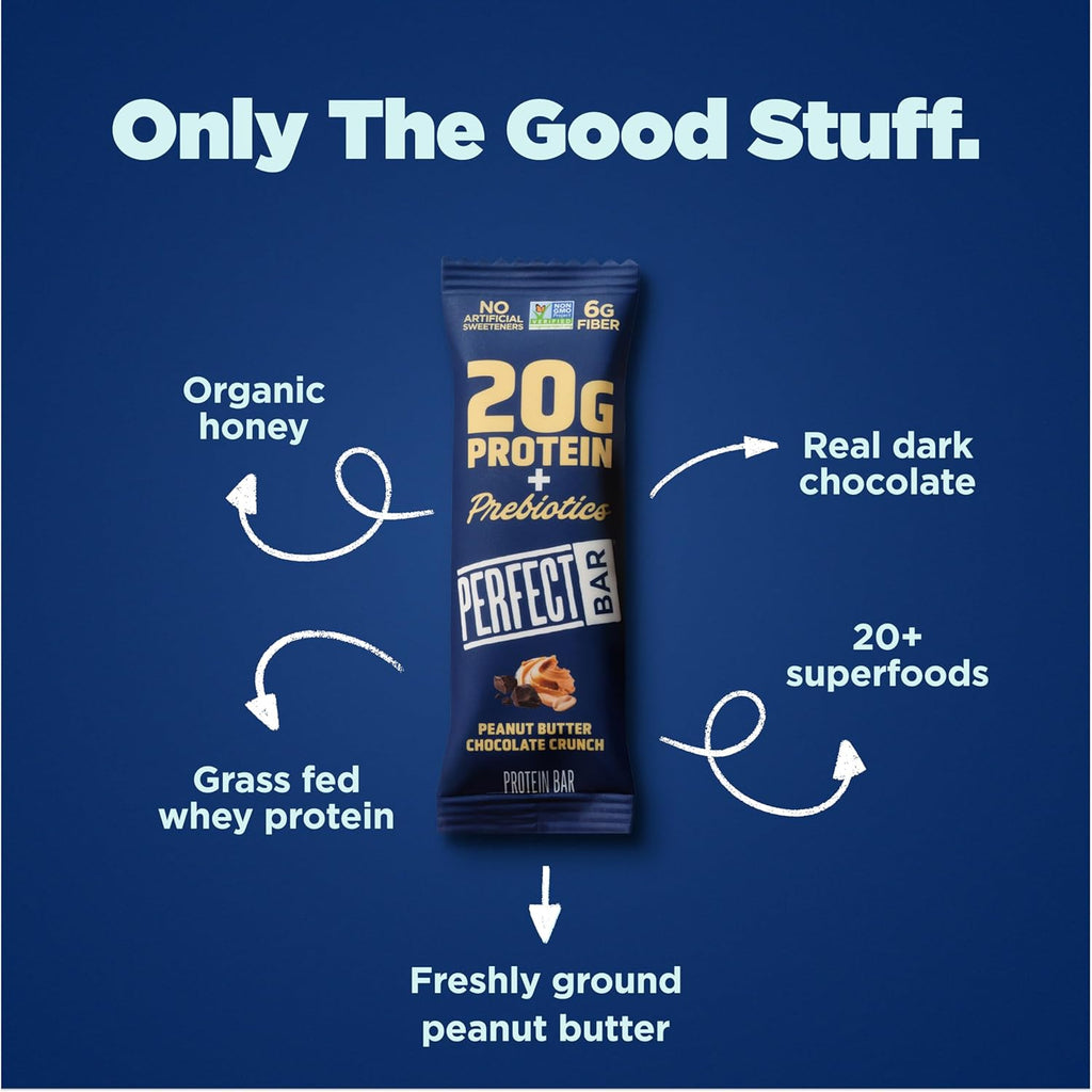 Perfect Bar Protein + Prebiotics Chocolate Peanut Butter Protein Bar, 20g Protein, Grass-Fed Whey, 6g Fiber With 3g Prebiotics, Gluten-Free, Non-GMO, 2.4 Ounce Bar, 7 Count