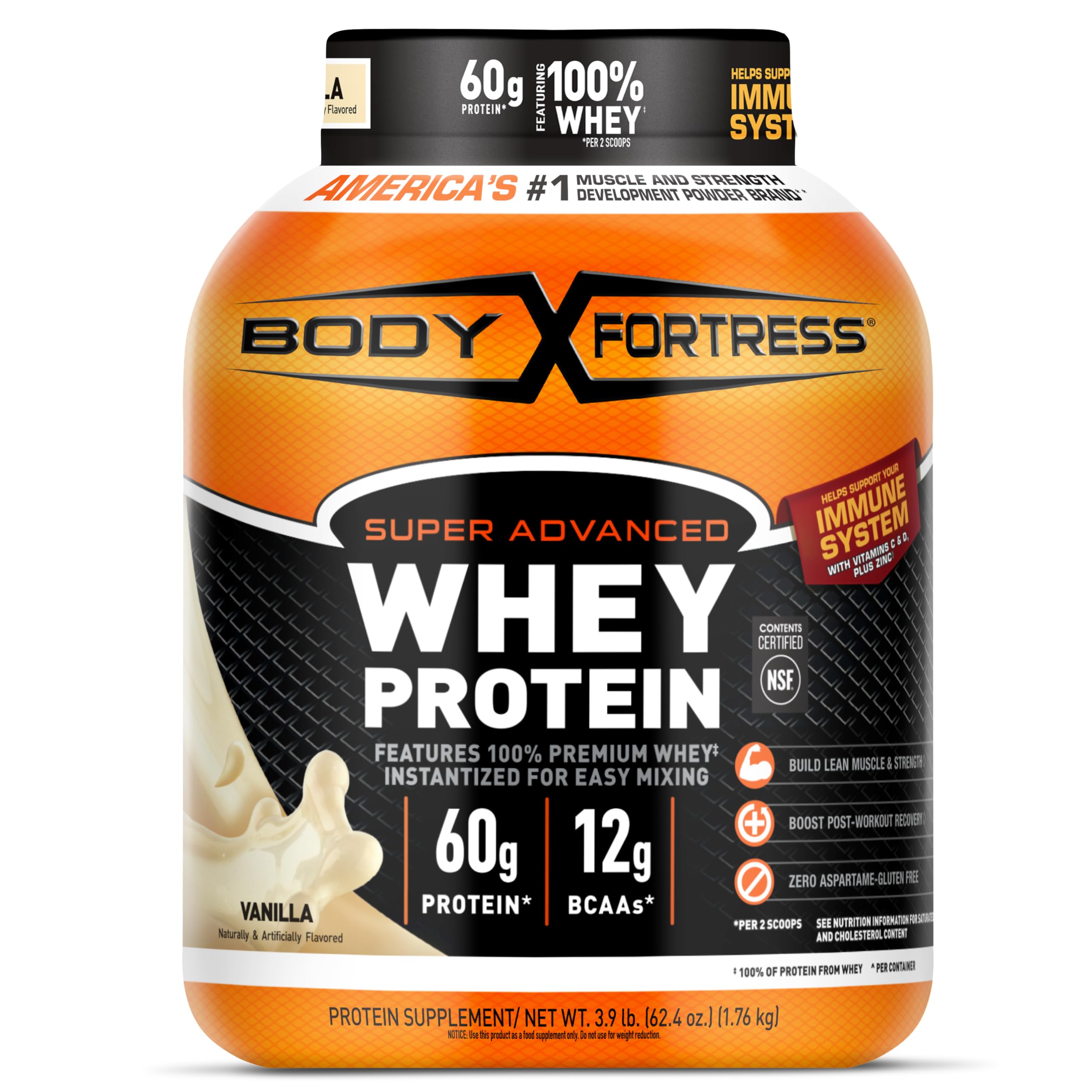 Body Fortress Super Advanced Whey Protein Powder, Strawberry, 1.78 lbs | Flavor: Strawberry, Immune Support, Muscle and Strength Development